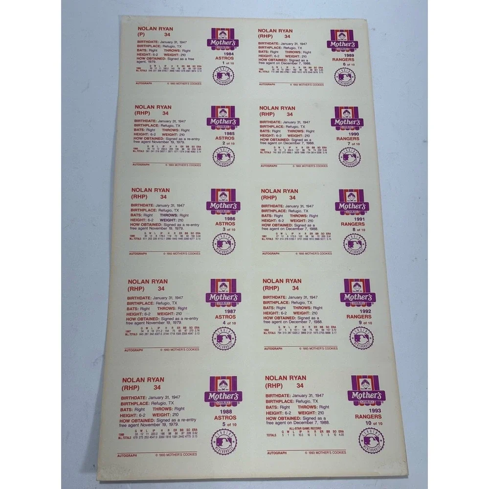 Nolan Ryan 1993 Mothers‎ Cookies Uncut Sheet Of 10 Cards